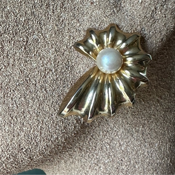 Gold Shell Pearl Statement Post Earrings - Picture 3 of 9